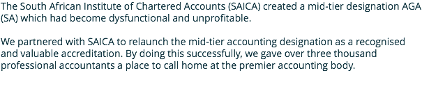 The South African Institute of Chartered Accounts (SAICA) created a mid-tier designation AGA(SA) which had become dysfunctional and unprofitable. We partnered with SAICA to relaunch the mid-tier accounting designation as a recognised and valuable accreditation. By doing this successfully, we gave over three thousand professional accountants a place to call home at the premier accounting body. 